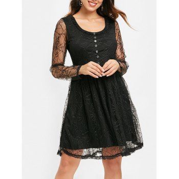 

Long Sleeve Spider Web Lace Overlay Dress, Black