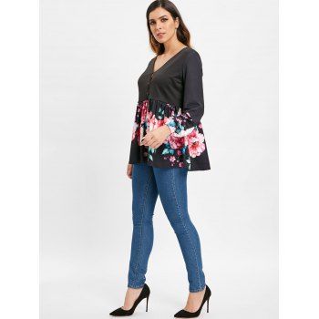 

Skirted Half Buttoned Floral Blouse, Black