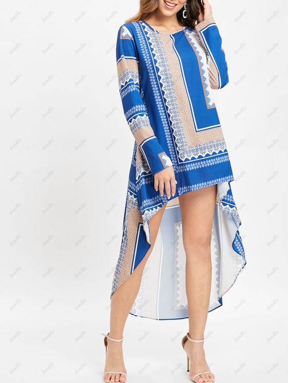 Robe Tribale Imprimée Haute Basse à Manches Longues - Bleu Dodger XL