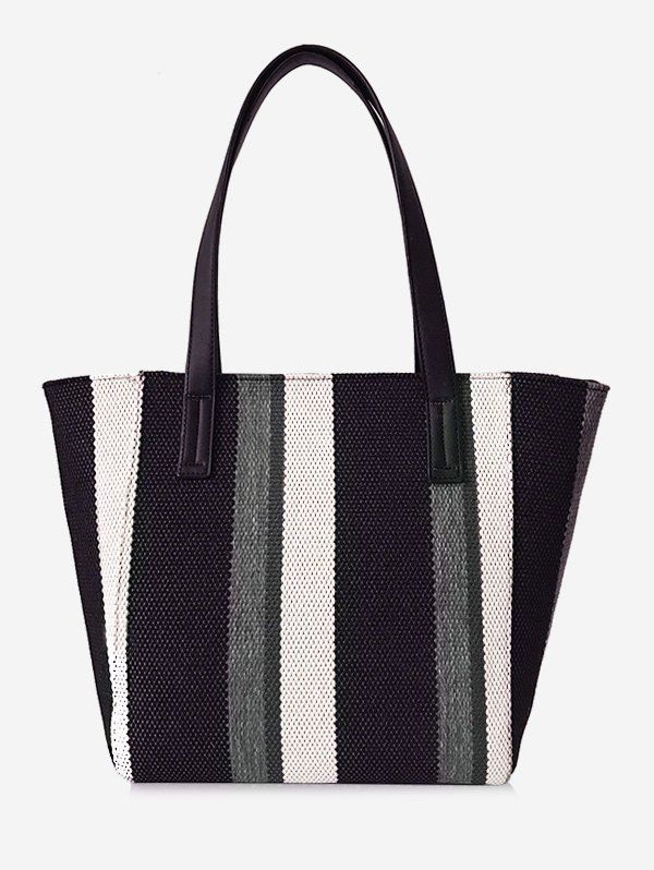 

Striped Printed Canvas Large Capacity Shoulder Bag, Black