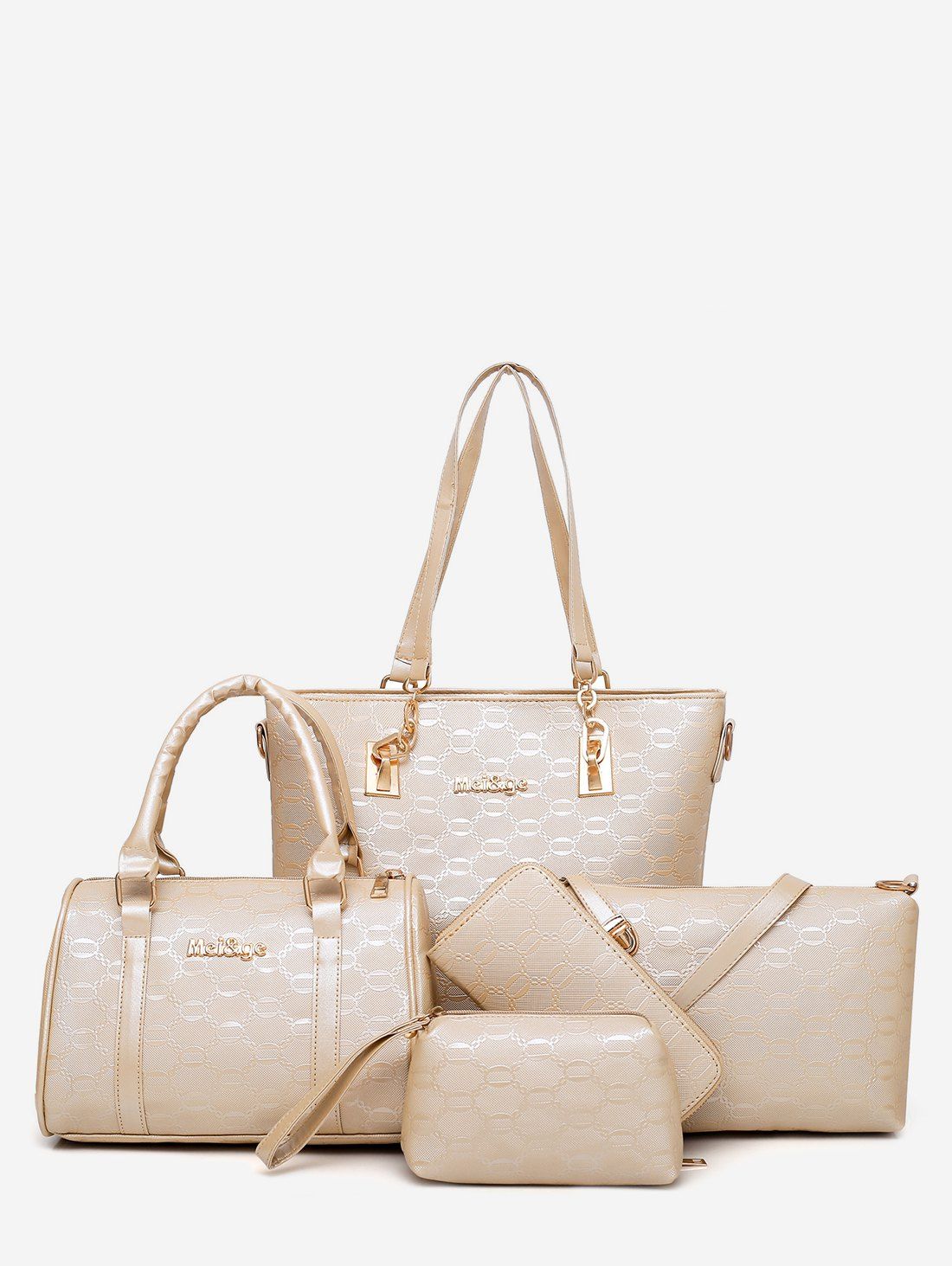

4Pcs Letter Printed PU Leather Bags Set, Gold