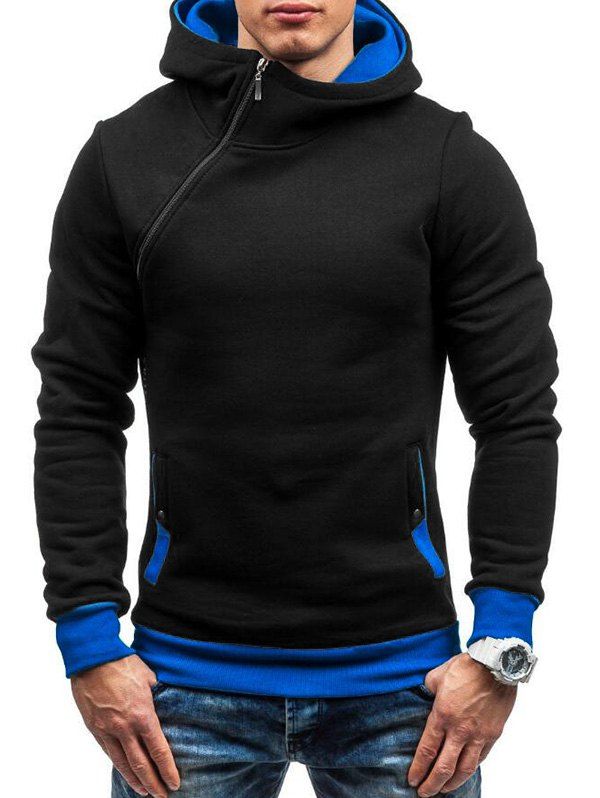 

Side Zipper Embellished Pullover Hoodie, Blue