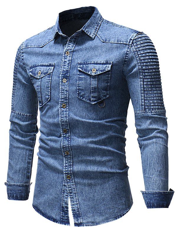 

Front Pocket Turn Down Collar Denim Shirt, Denim blue