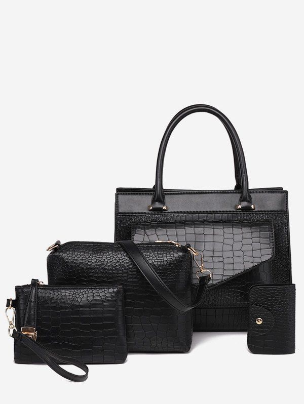 

4 Pcs Artificial Leather Design Tote Bag, Black
