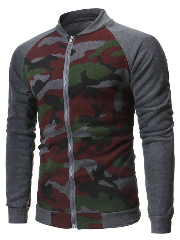 Veste Zippée Camouflage Imprimé à Manches Raglan - Cendre gris XS