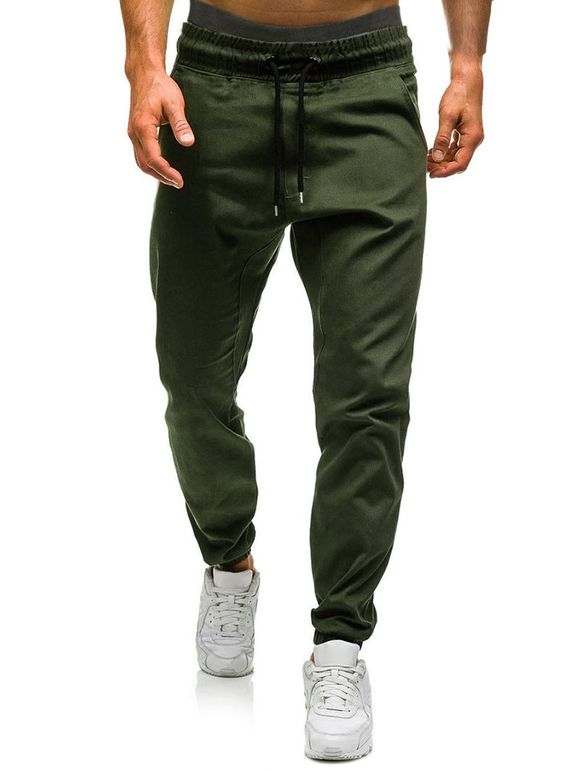 Pantalon de Jogging en Couleur Unie à Taille Elastique à Cordon - Vert Armée L
