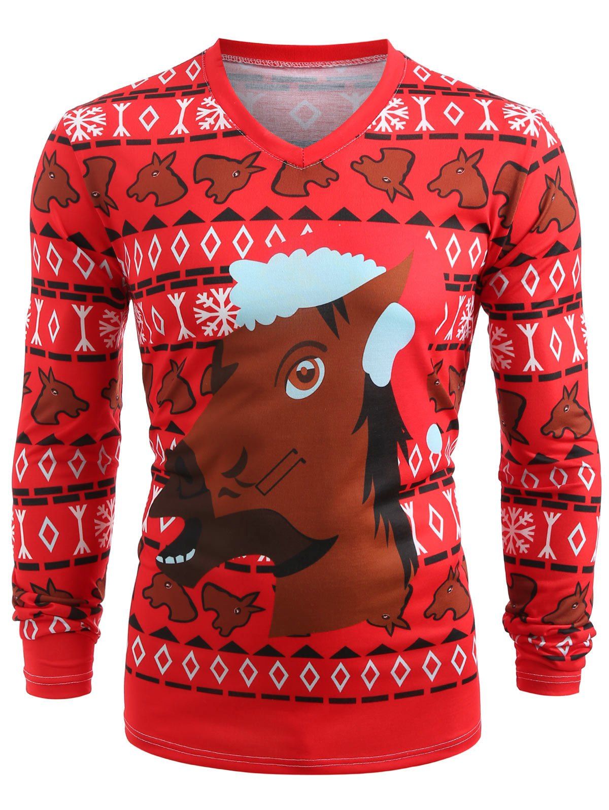 

Horse Head Snowflake Print Long Sleeve T-shirt, Lava red