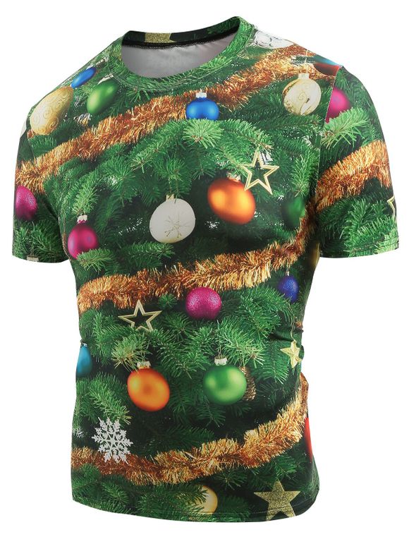 T-Shirt à Col Ras-de-Cou avec Imprimé Boules de Noël - Vert Forêt Moyen XS