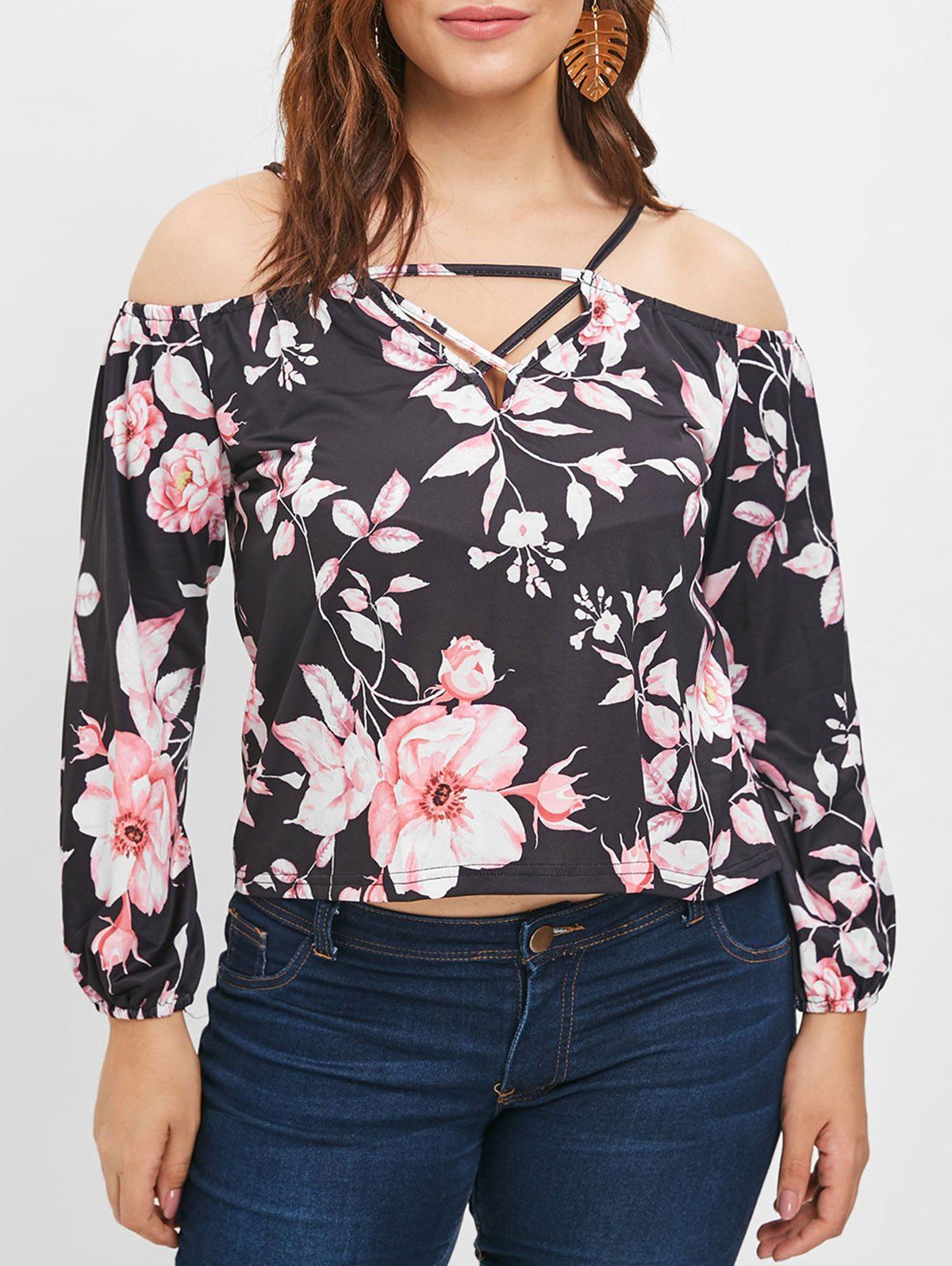 

Plus Size Plunging Neck Floral Print Blouse, Black
