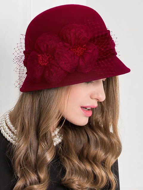 17 Off 2019 Elegant Floral Side Mesh Cloche Hat In Red Wine