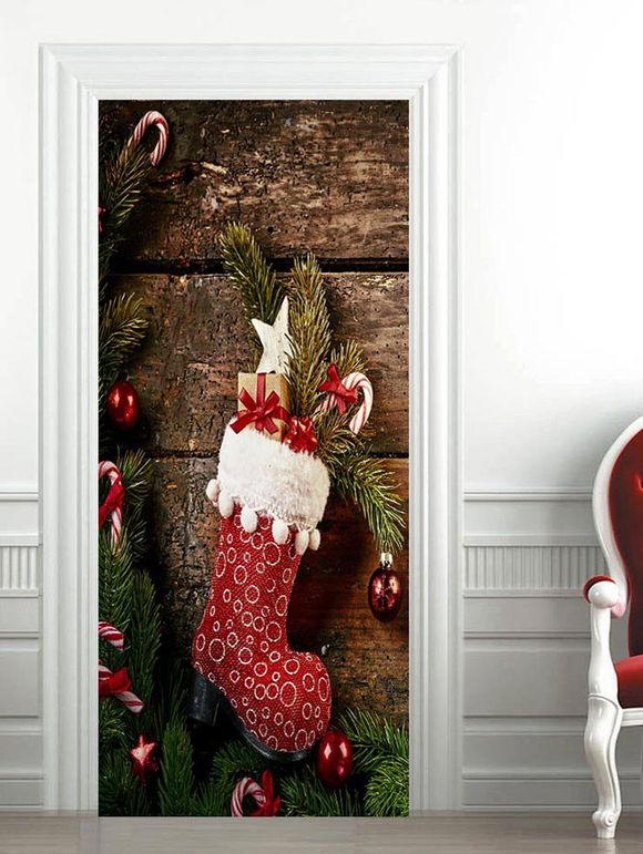 Autocollant Mural de Noël Motif de 3D Cadeau et de Chaussette - Rouge Vineux 2PCS X 15 X 79 INCH