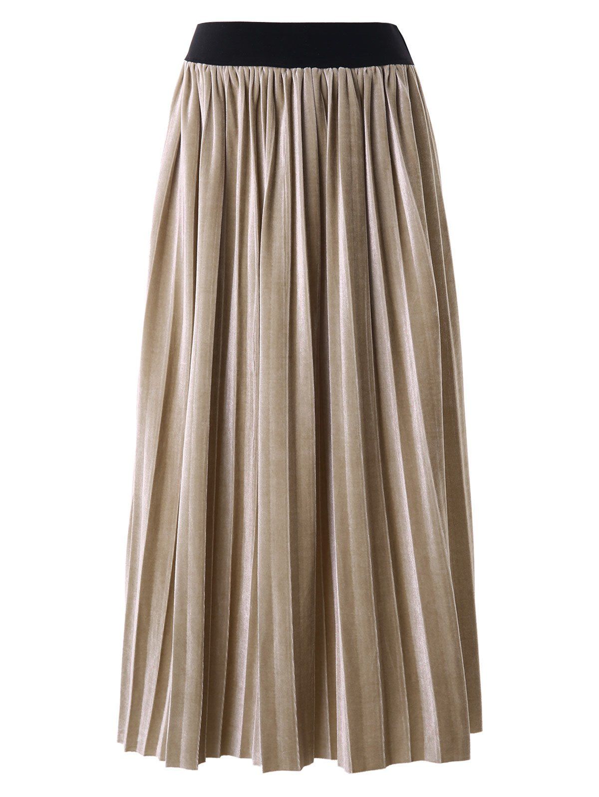 High Waist Velvet Pleated Skirt - LIGHT KHAKI L