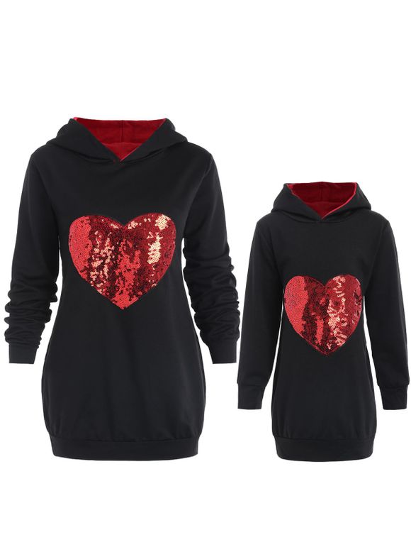 Mother and Daughter Matching Heart Sequins Hoodie - BLACK MOM XL