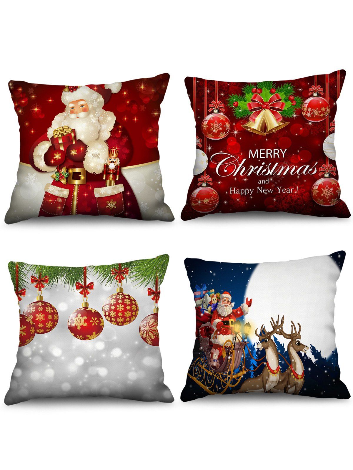 

4PCS Father Christmas Bell Ball Printed Pillow Cover, Multi