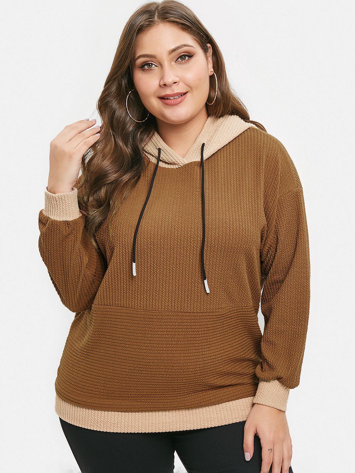 [32% OFF] 2021 Plus Size Color Block Pullover Hoodie In LIGHT BROWN ...