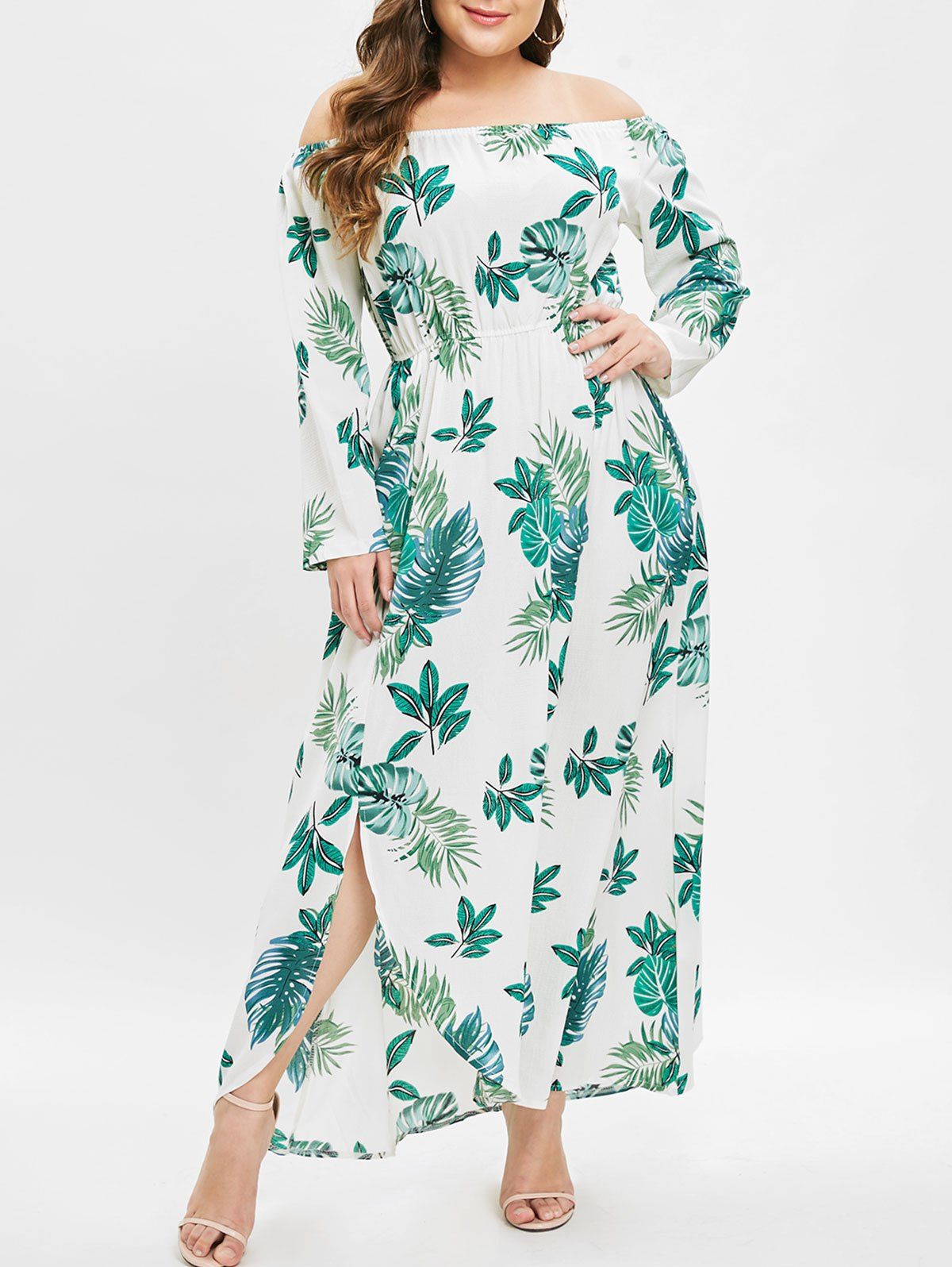 

Plus Size Off Shoulder Slit Leaf Printed Dress, White