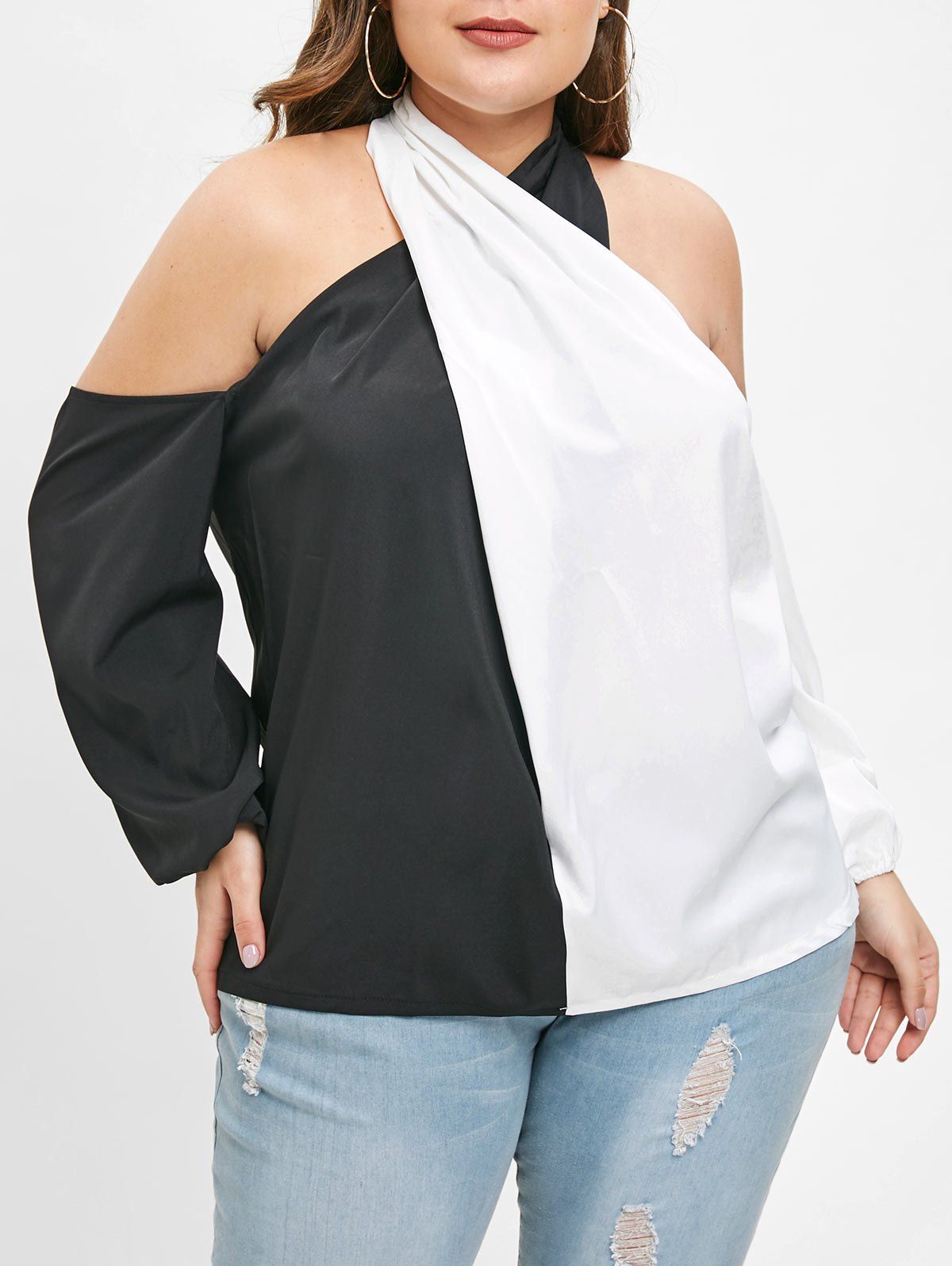 

Plus Size Cold Shoulder Contrast Blouse, Black