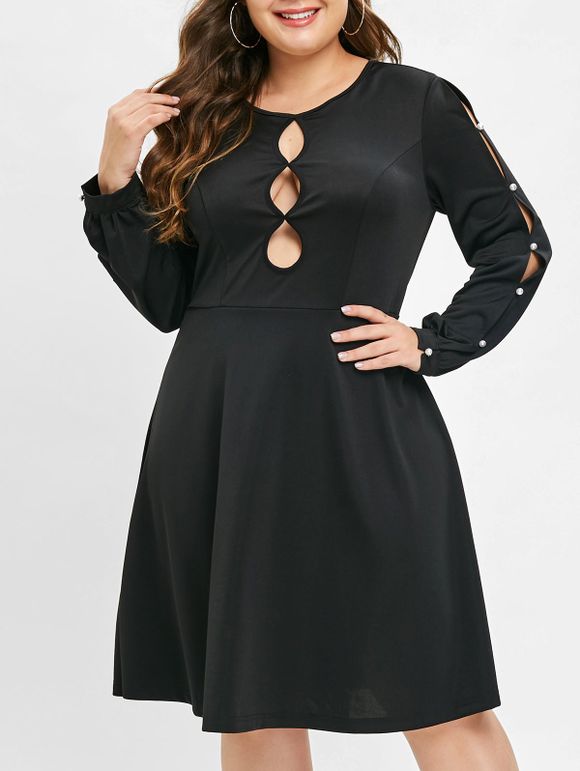 Plus Size Faxu Pearls Cutout Long Sleeves Dress - BLACK 3X