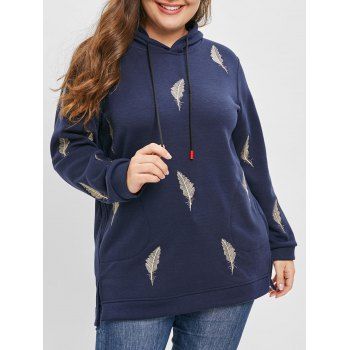 

Plus Size Leaf Embroidered Slit Hoodie with Pockets, Cadetblue