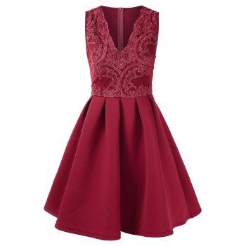 

Lace Panel High Waisted Sleeveless Flare Dress, Red