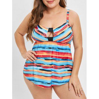

Plus Size Colorful Stripes Cutout Tankini, Multicolor