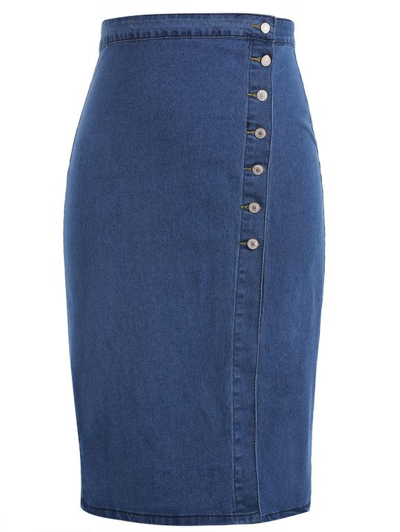 Jupe Fendue Boutonnée de Grande Taille en Denim - Bleu Foncé Toile de Jean 3XL