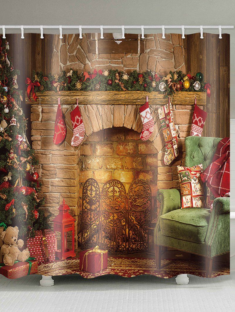 [37% OFF] 2021 Christmas Fireplace Tree Print Waterproof Bathroom ...