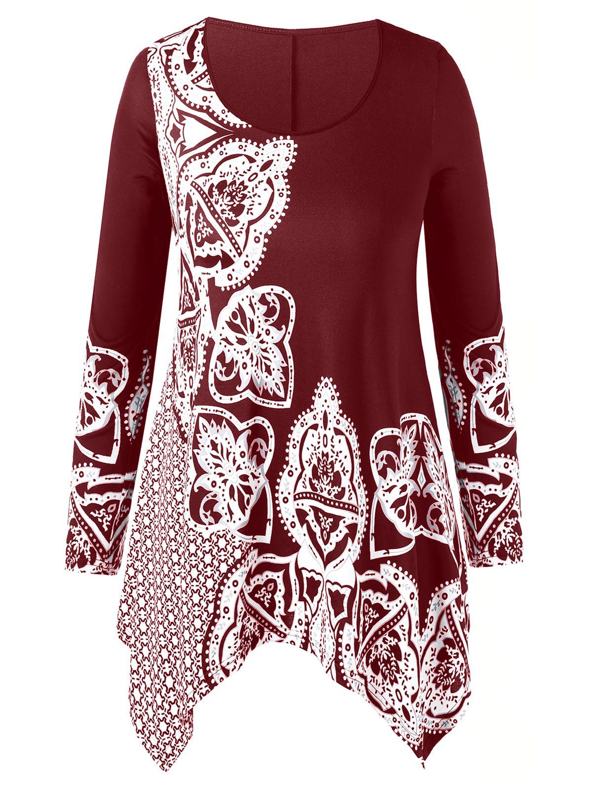 

Long Sleeve Plus Size Printed Plain T-shirt, Red wine