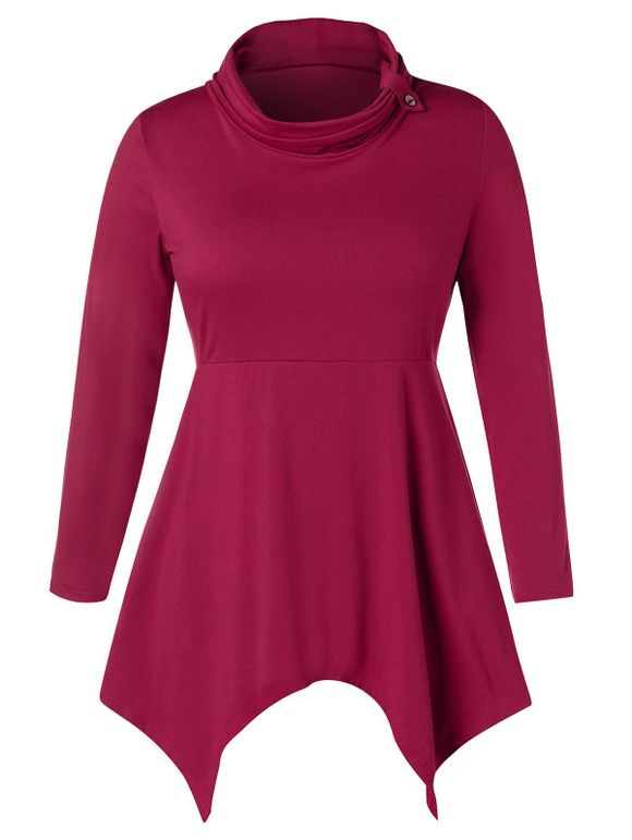 T-shirt Mouchoir Embelli de Bouton à Côté de Grande Taille - Rouge Vineux 4X