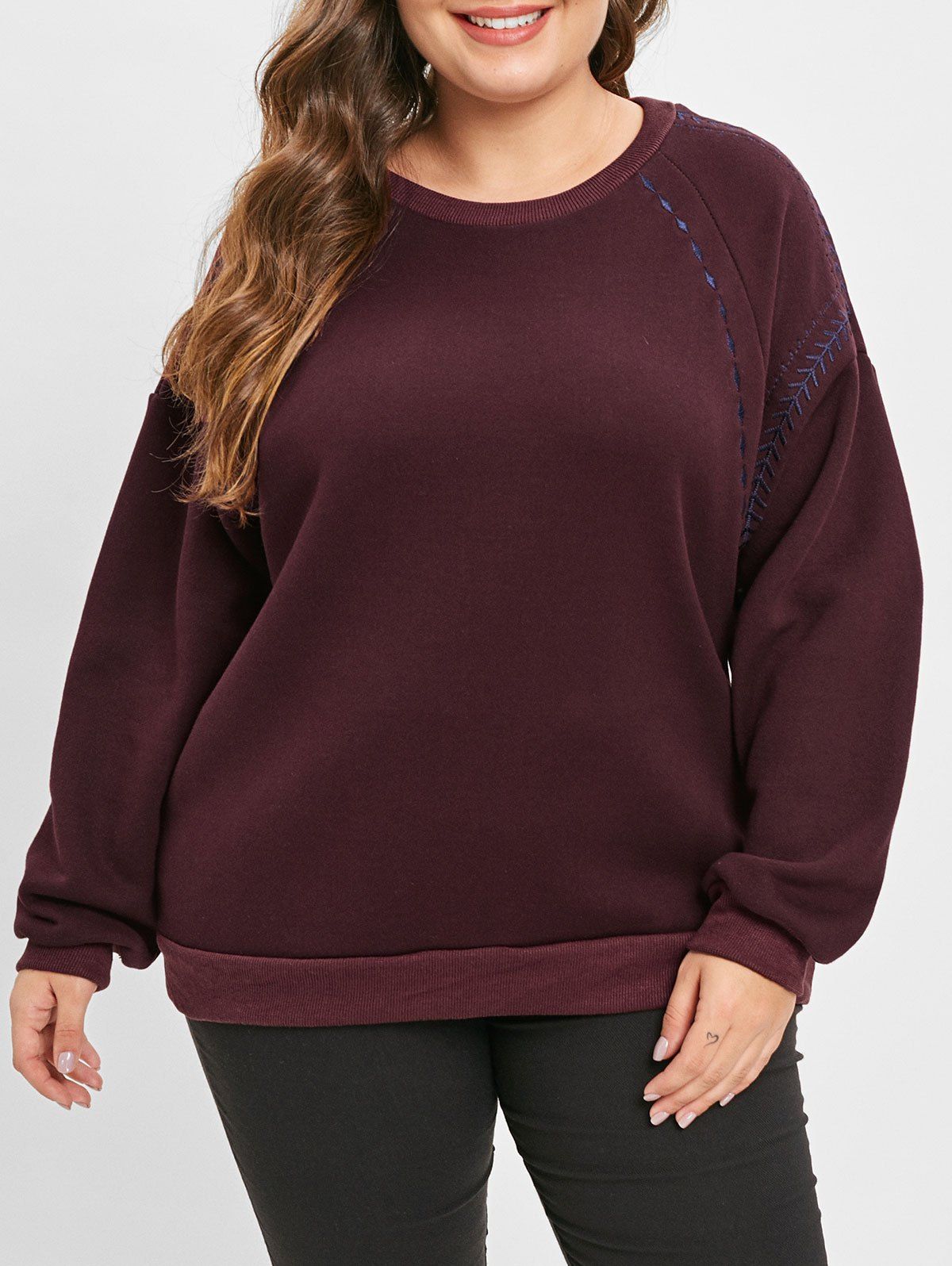 

Plus Size Embroidered Fleece Pullover Sweatshirt, Red wine