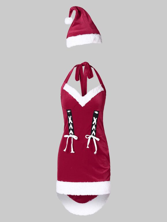 Robe de Noël Moulante Asymétrique en Velours à Lacets à Col Halter - Rouge Vineux M