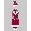 Robe de Noël Moulante Asymétrique en Velours à Lacets à Col Halter - Rouge Vineux M