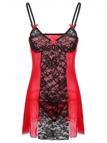 See Through Plus Size Lace Bowknot Detail Babydoll
