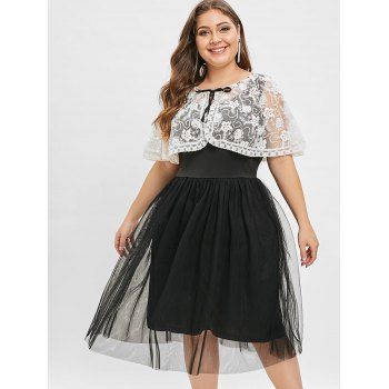 

Plus Size Mesh Vest Dress with Embroidery Top, Black
