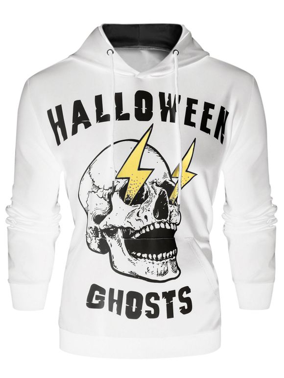 Sweat-Shirt à Capuche Pullover à Imprimé Éclairs et Crâne d'Halloween - Blanc 2XL