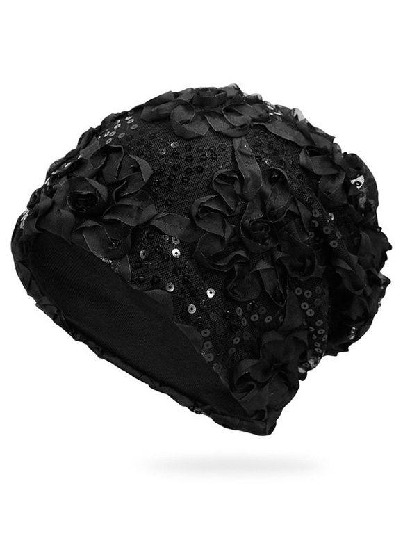 Bonnet Vintage Fleuri à Paillettes - Noir 