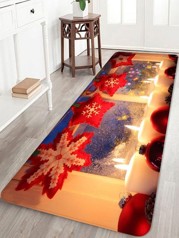 Tapis de Sol de Noël Cadeau et Bougie Imprimés en Flanelle - Rouge Lave W24 X L71 INCH