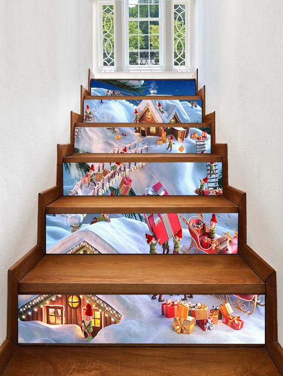 Autocollant d'Escalier Motif de Père Noël et de Village Amovible - multicolor 6PCS X 39 X 7 INCH( NO FRAME )