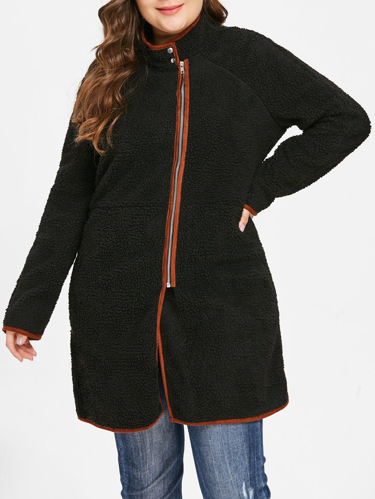 

Plus Size Zip Fly Fuzzy Coat, Black