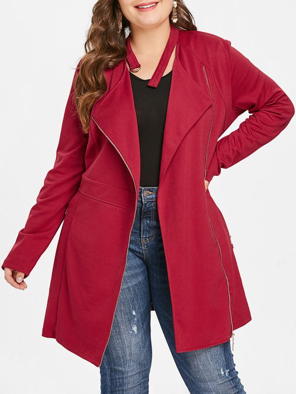 Manteau Zippé de Grande Taille à Lacets - Rouge L