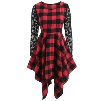 

Asymmetric Lace Long Sleeve Plaid Dress, Cherry red