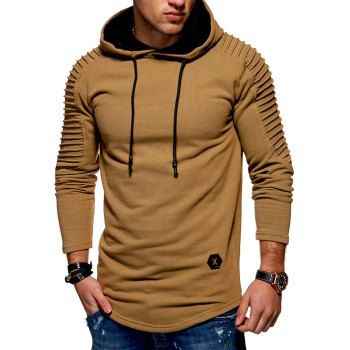 

Solid Color Pleated Sleeve Long Fleece Hoodie, Khaki