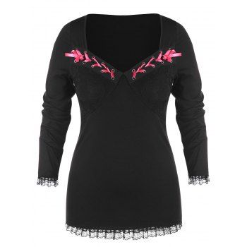 

Plus Size Sweetheart Neck Lace Panel T-shirt, Black