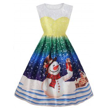 

Plus Size Lace Panel Christmas Vintage Printed Dress, Multicolor