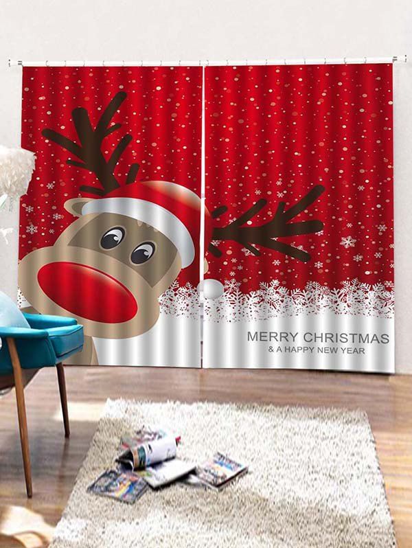 

2 Panels Christmas Elk Print Window Curtains, Red