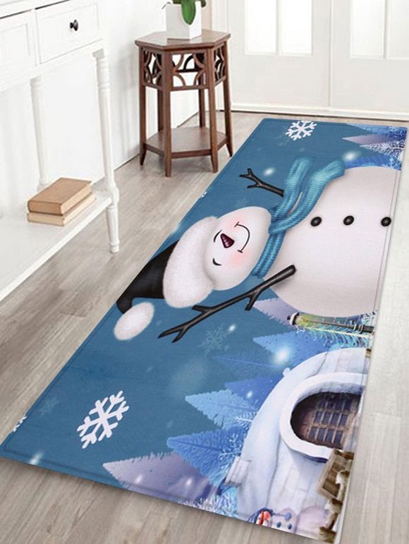 Tapis de Sol Père Noël Bonhomme de Neige et Flocon de Neige Imprimés en Laine - Bleu Lierre W16 X L47 INCH