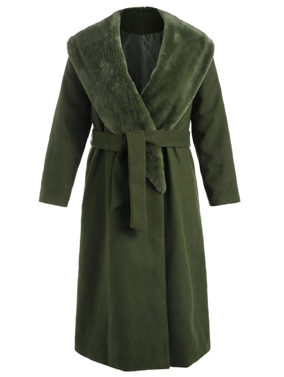 Manteau Enveloppé de Grande Taille avec Fausse Fourrure - Vert Foncé 3X