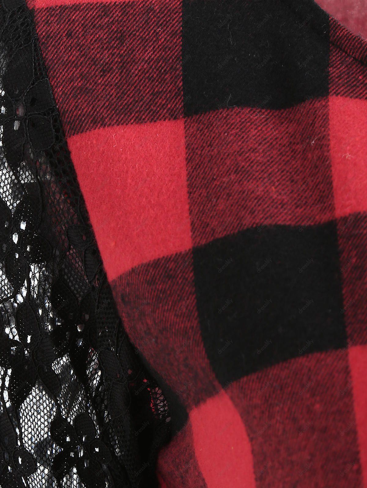 Asymmetric Lace Long Sleeve Plaid Dress - CHERRY RED XL