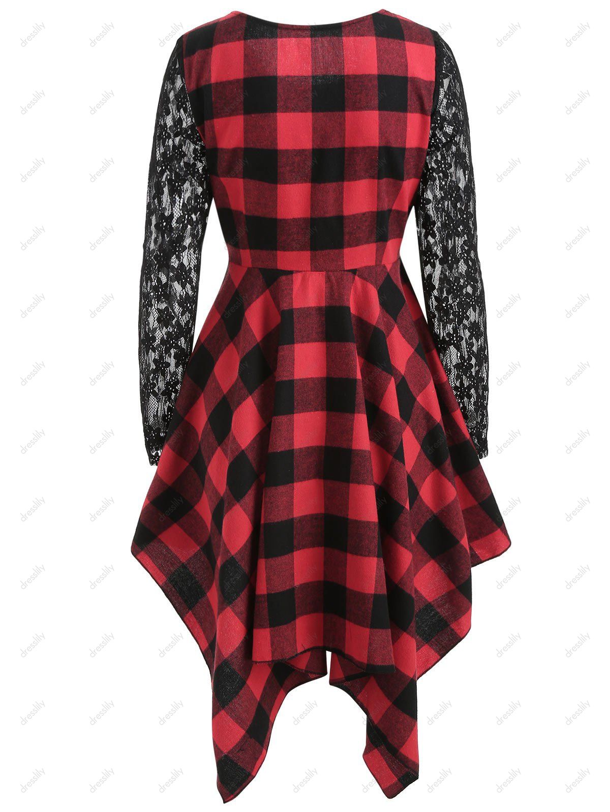 Asymmetric Lace Long Sleeve Plaid Dress - CHERRY RED XL