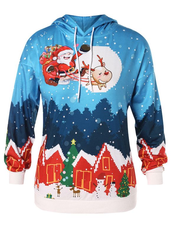 Sweat-shirt à Capuche Cheval et Père Noël Imprimés de Grande Taille - Bleu Dodger 1X